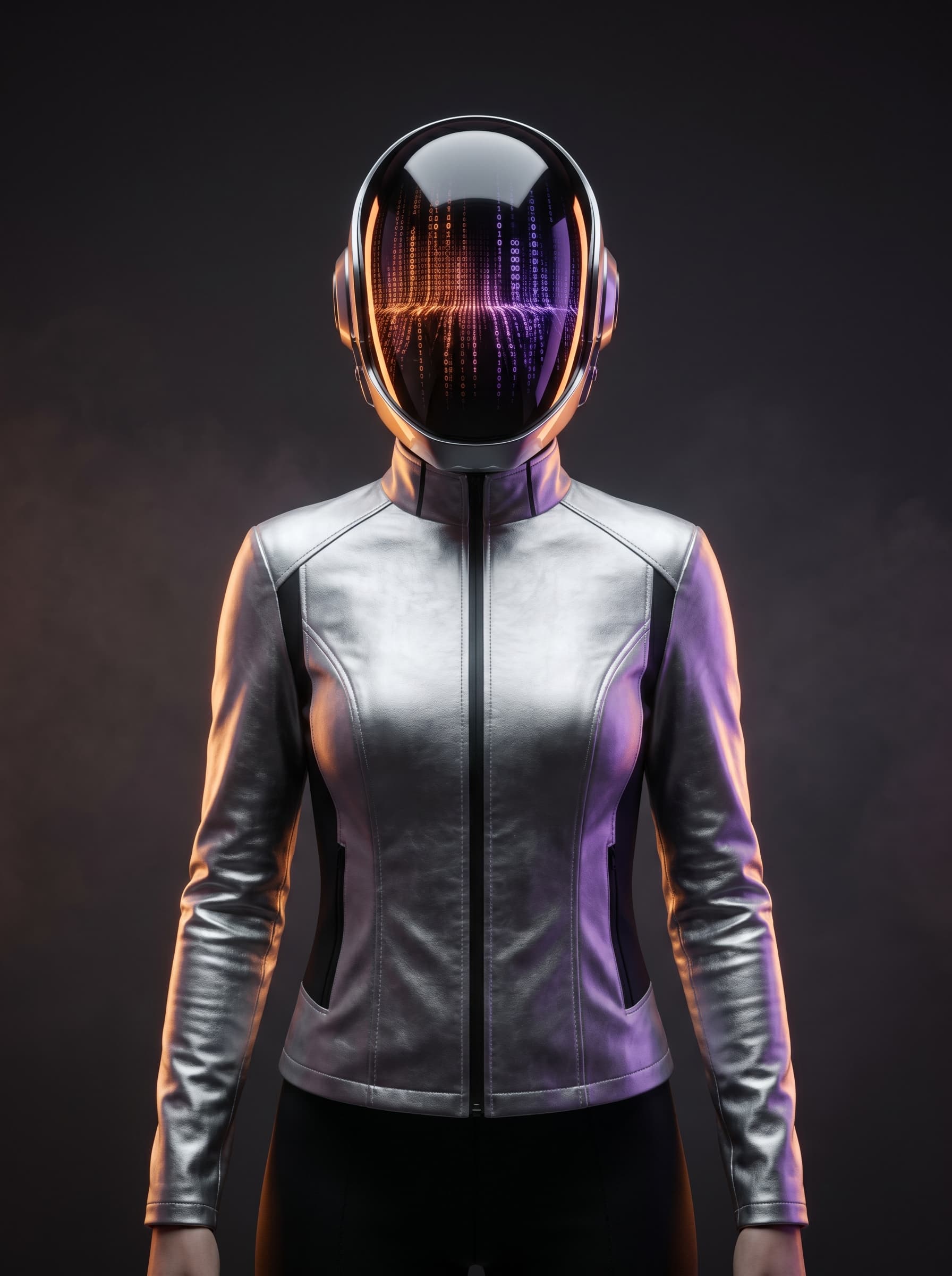 Futuristic figure wearing a chrome cybernetic helmet with glowing data reflections in the visor