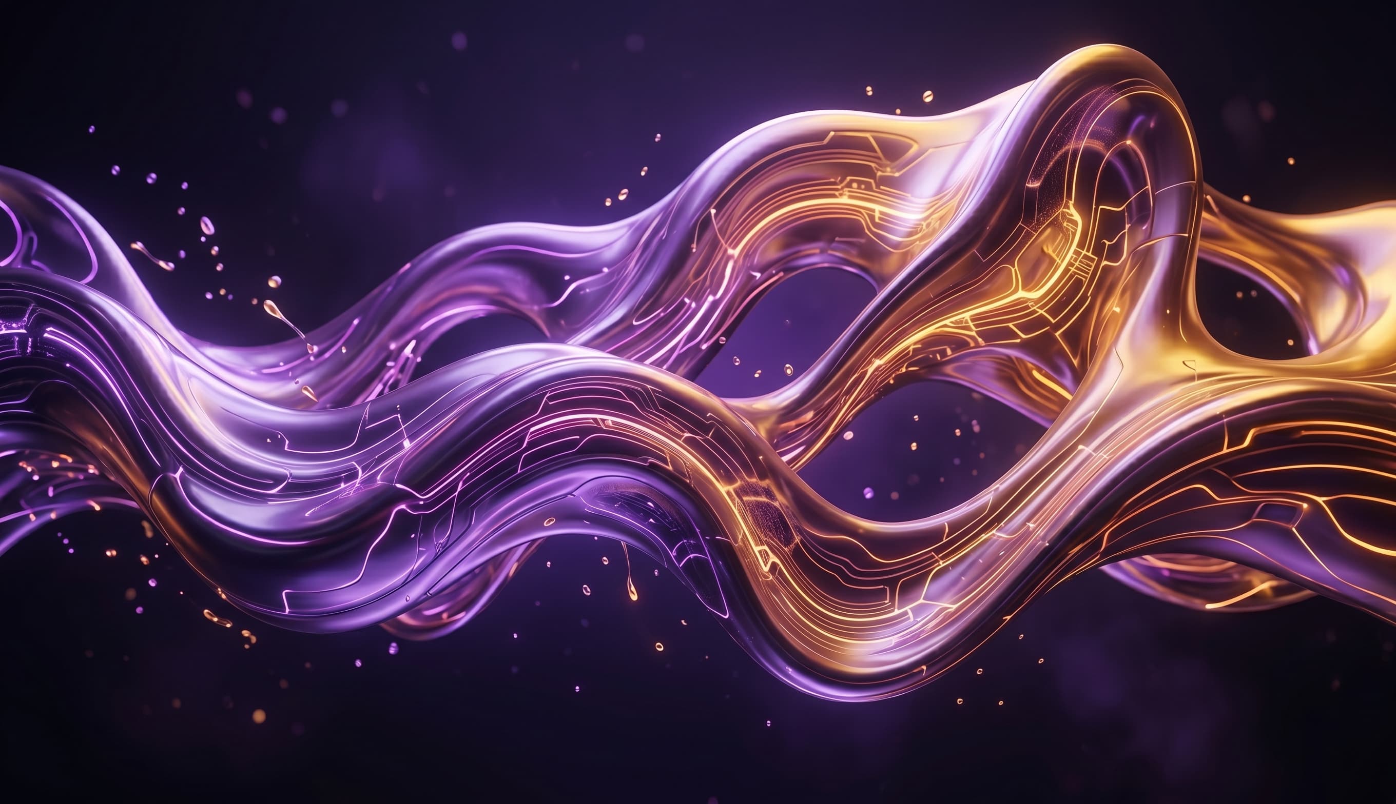 Fluid bio-architectural abstract forms in violet and amber gradients