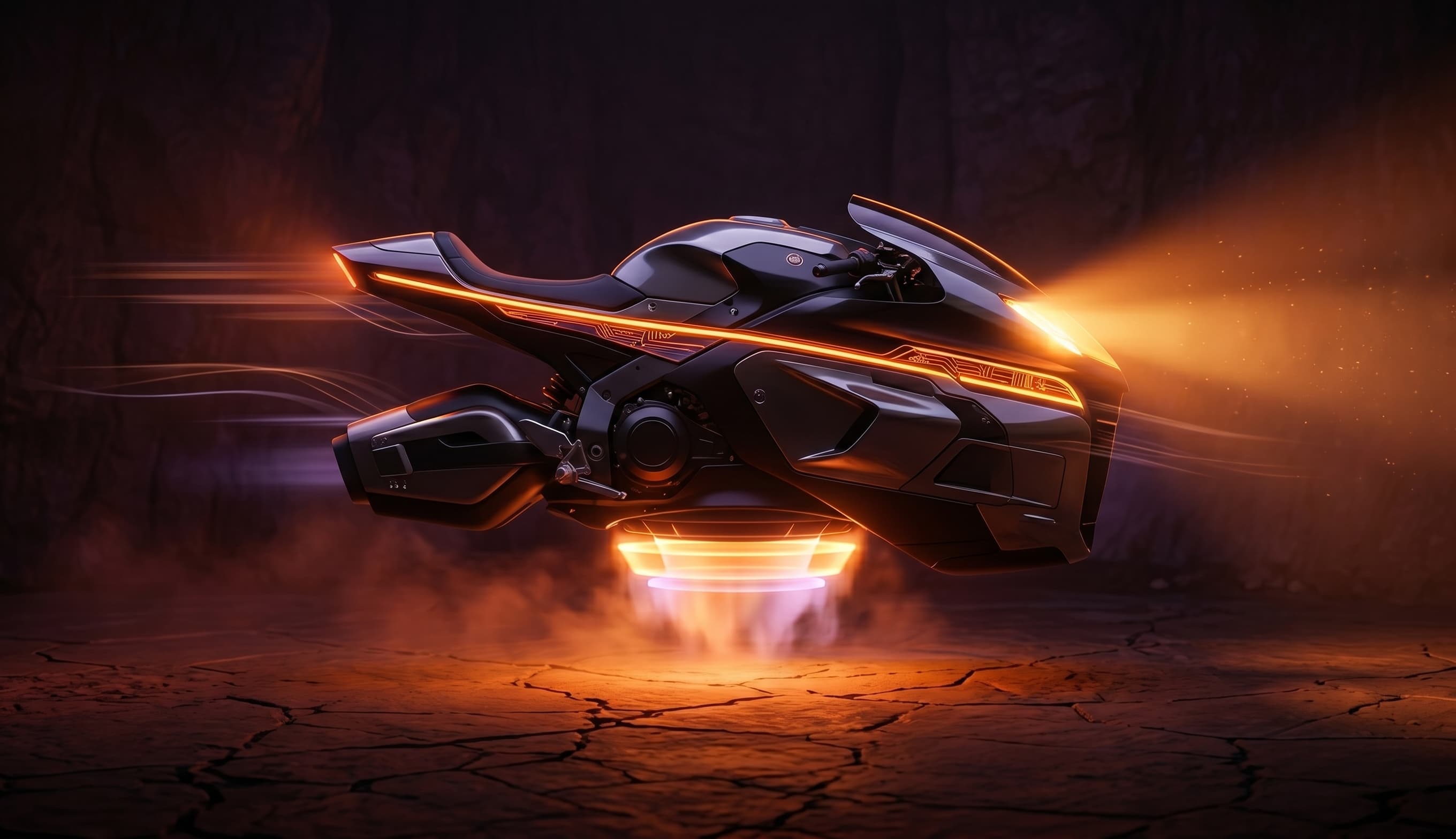 A sleek aerodynamic futuristic hoverbike floating above an orange-tinted ground
