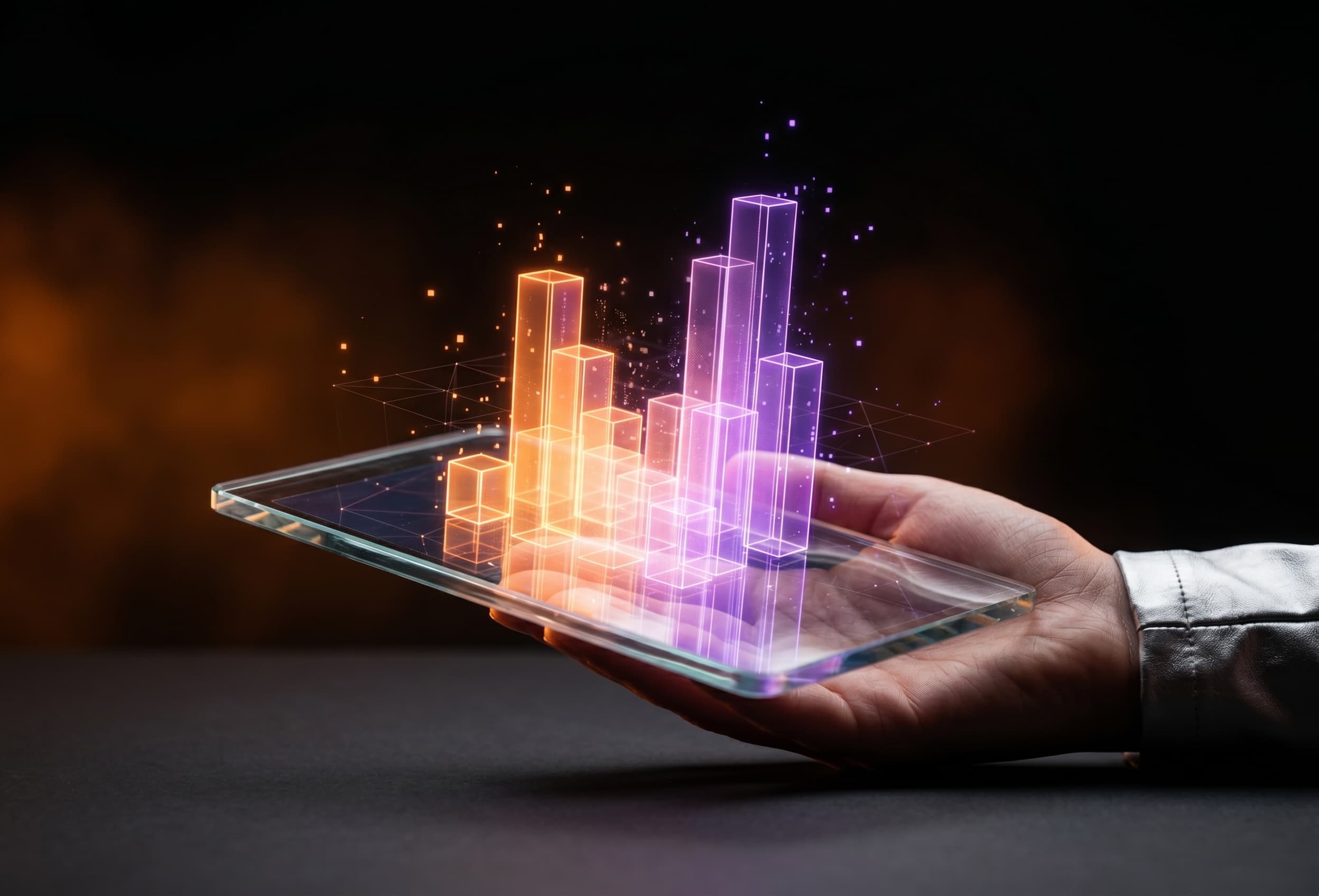 A hand holding a transparent AR tablet with glowing holographic data rising from the screen