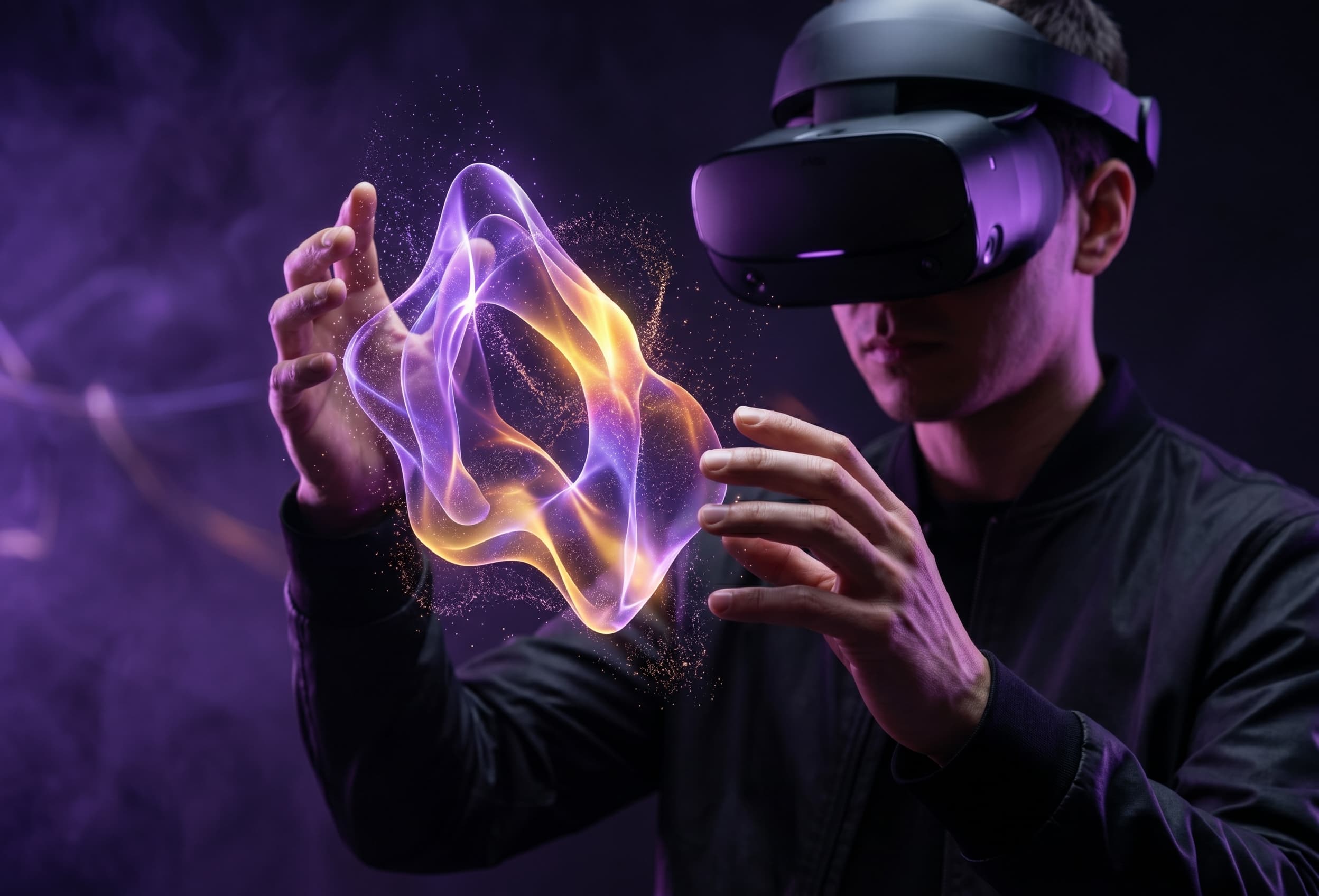 An artist wearing a VR headset sculpting a glowing virtual sculpture in the air